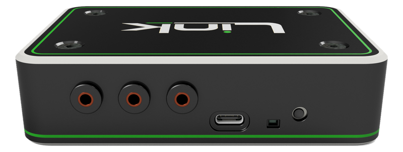 The back of Link: three 3.5 mm control jacks, a USB-C socket, the status light and the button