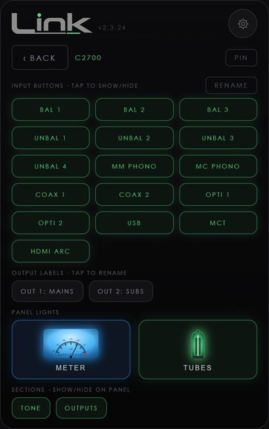 The preamplifier page: input buttons to show, hide and rename, output labels, meter and tube lights