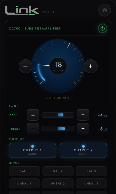 The Link remote on a phone: a volume dial reading 18 with the soft limit marked, tone sliders, output buttons and a grid of named inputs