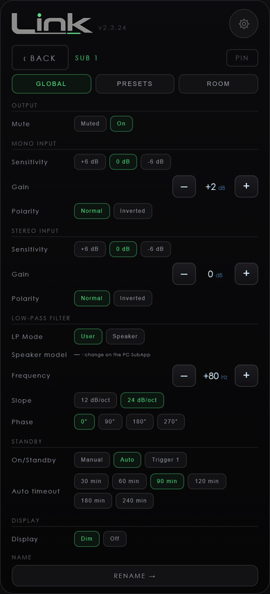 The subwoofer page: gain, sensitivity, polarity, low-pass filter, standby and display settings of a Bowers & Wilkins DB1