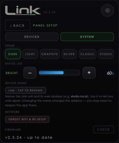 The System page: theme, status light, device name, network and firmware